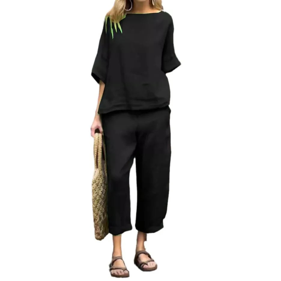 2024 Europe United States Women's Spring Summer Explosion Pure Color Casual Cotton and Linen Round Neck Short-sleeved Pants Suit