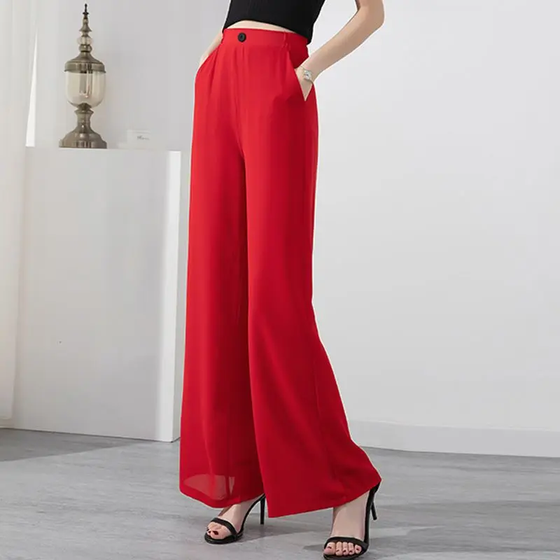 Calça de pernas largas feminina, Simples e elegante, Cintura alta, Costas de botões, Cinto elástico, Monocromático, Versátil, Comutação, Verão, 2023