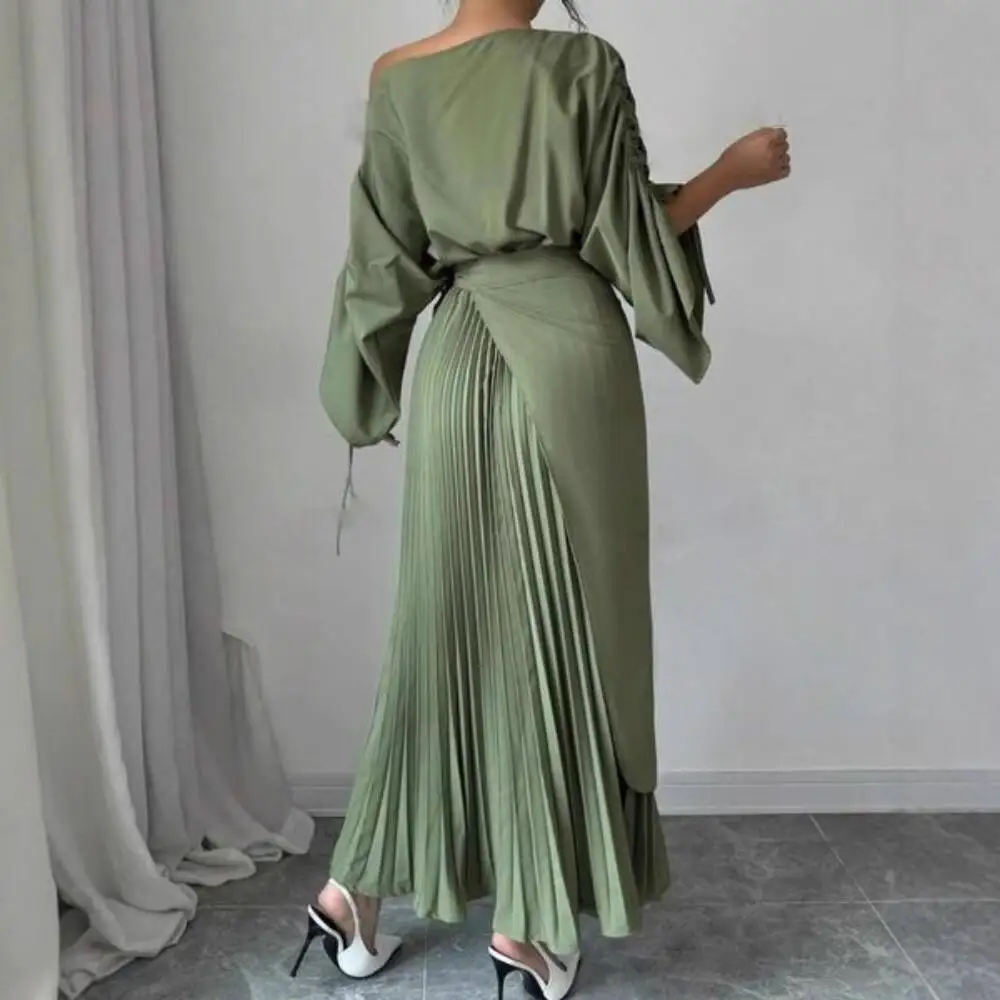 中東女性用秋冬ミディ丈ワンピース-プリーツaラインイブニングドレス-ベルト付き-結婚式ゲストドレス-エレガントフォーマルドレス