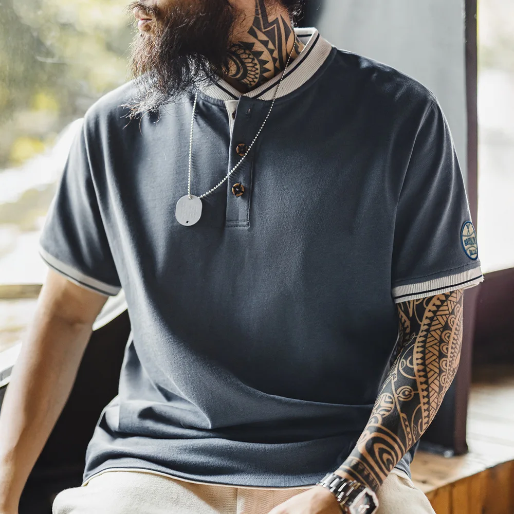 

Maden Men's Short Sleeve T-shirt Pure Cotton Baseball Collar Retro American Workwear Heavyweight Grey Blue Color Block Summer...