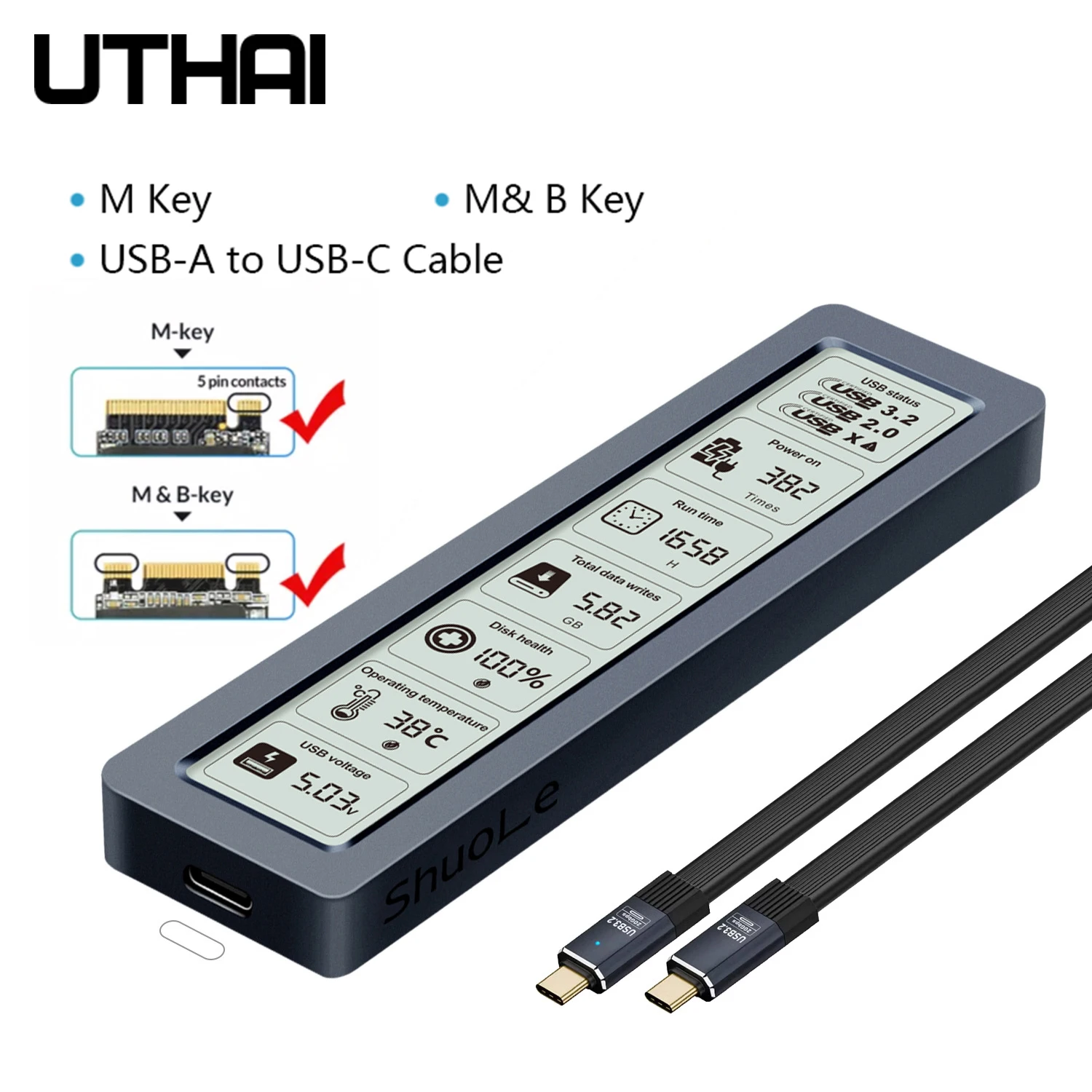 스마트 스크린 디스플레이가 있는 듀얼 프로토콜 M.2 SSD 어댑터 카드 리더기 저장 확장 하드 드라이브 인클로저용 NGFF NVMe 20Gbps