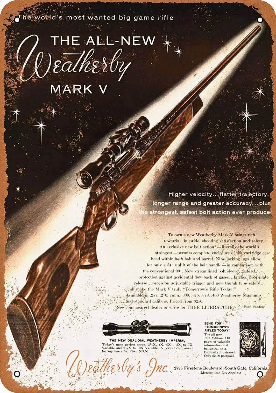 12 x 8 Metal Sign - Weatherby Mark V Rifles - Vintage Decorative Tin Sign sign