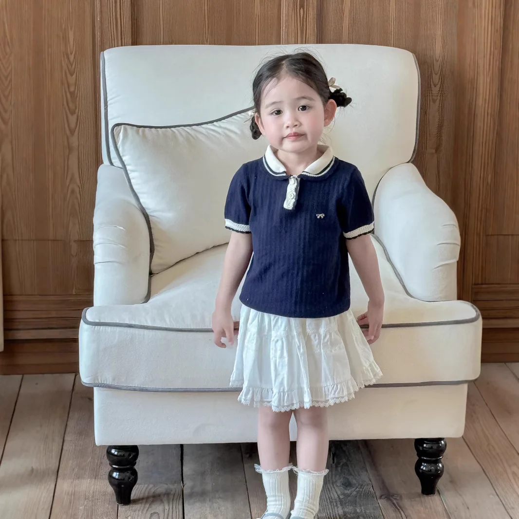 Summer Girls College Style Short Sleeved Knitted Shirt Short Sleeved Knit Shirt Paired with Beige Ballet Style Half Skirt