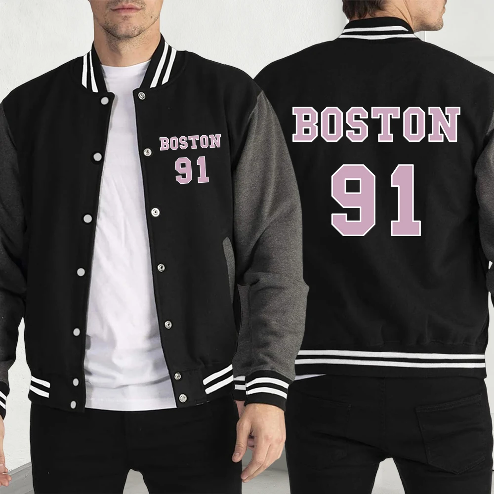 

Pink Boston 91 Art Letter Design Print Mens Baseball Jersey Fashion Loose Clothing Casual Fleece Coat Unisex Autumn Vintage Top