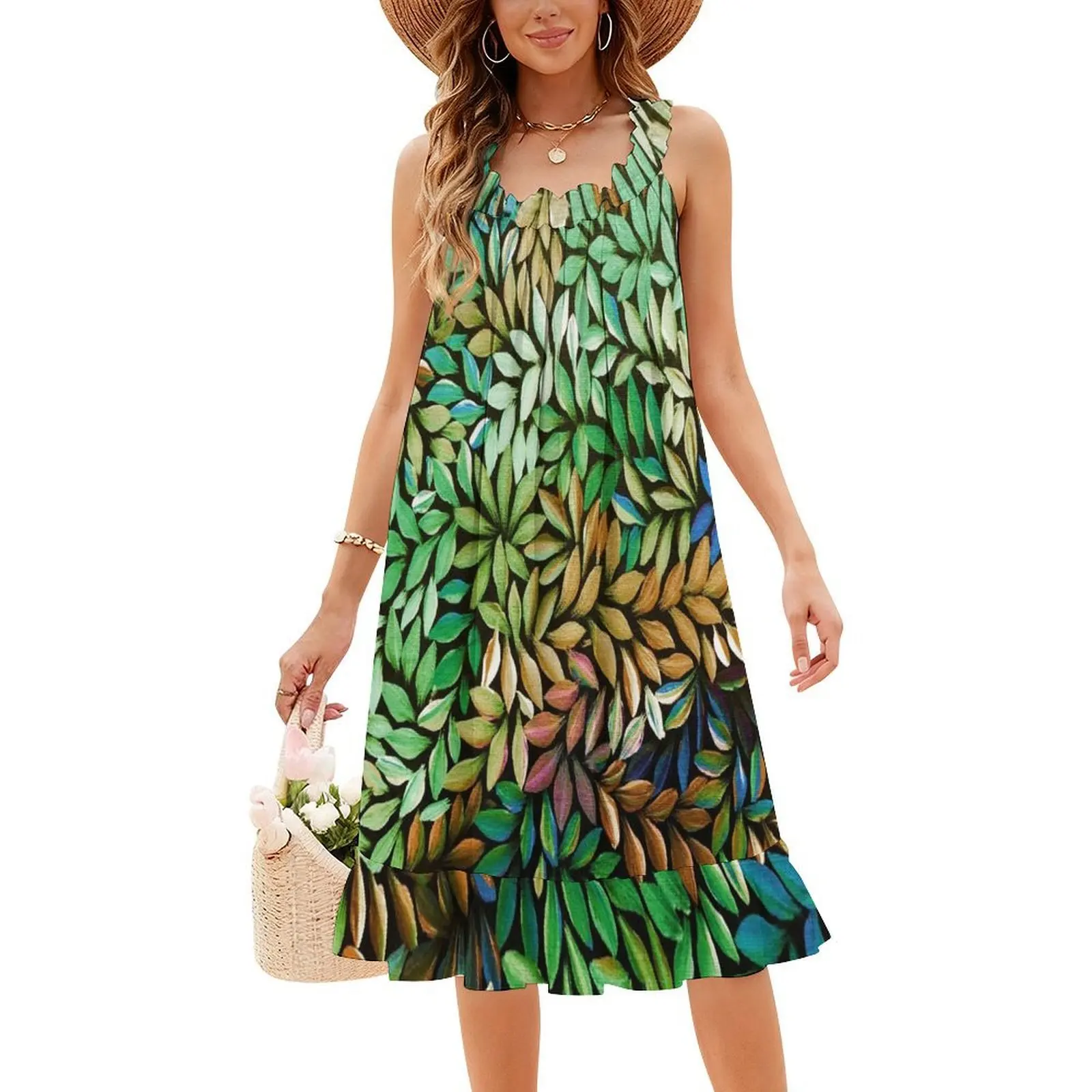 فن السكان الأصليين الأسترالي يترك فستان كاجوال على الطراز الكوري الأخضر للنساء فساتين مكتب يومية بسيطة للسيدات فن السكان الأصليين #4