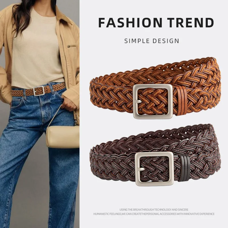 3cm Handmade Woven Retro Women's Belts with no Punching, Woving Casual pants Women's Trendy Fashion Strap Belt