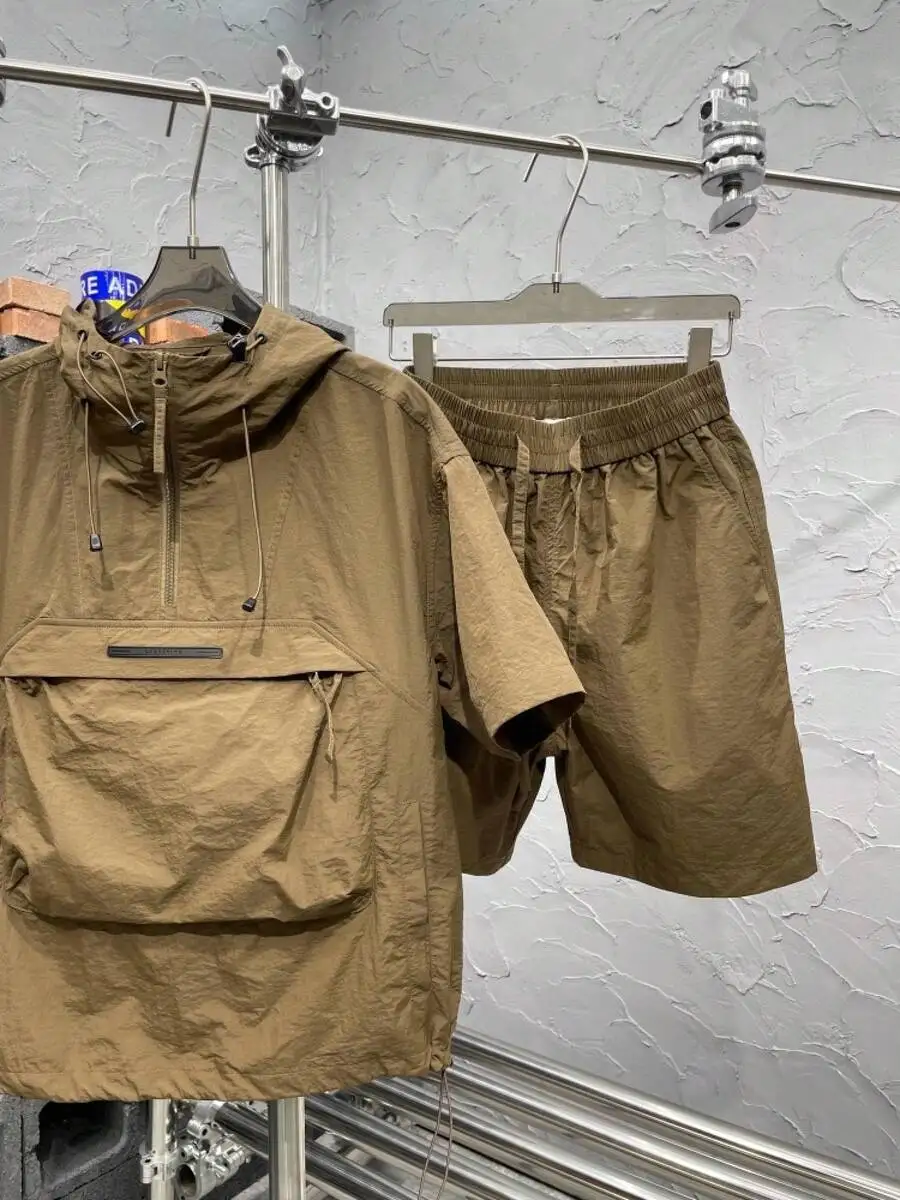 

Mens 2-Piece Summer Outfit Half Zip Hooded Short Sleeve Shirt And Drawstring Shorts Quick Dry Lightweight Casual Sportswear