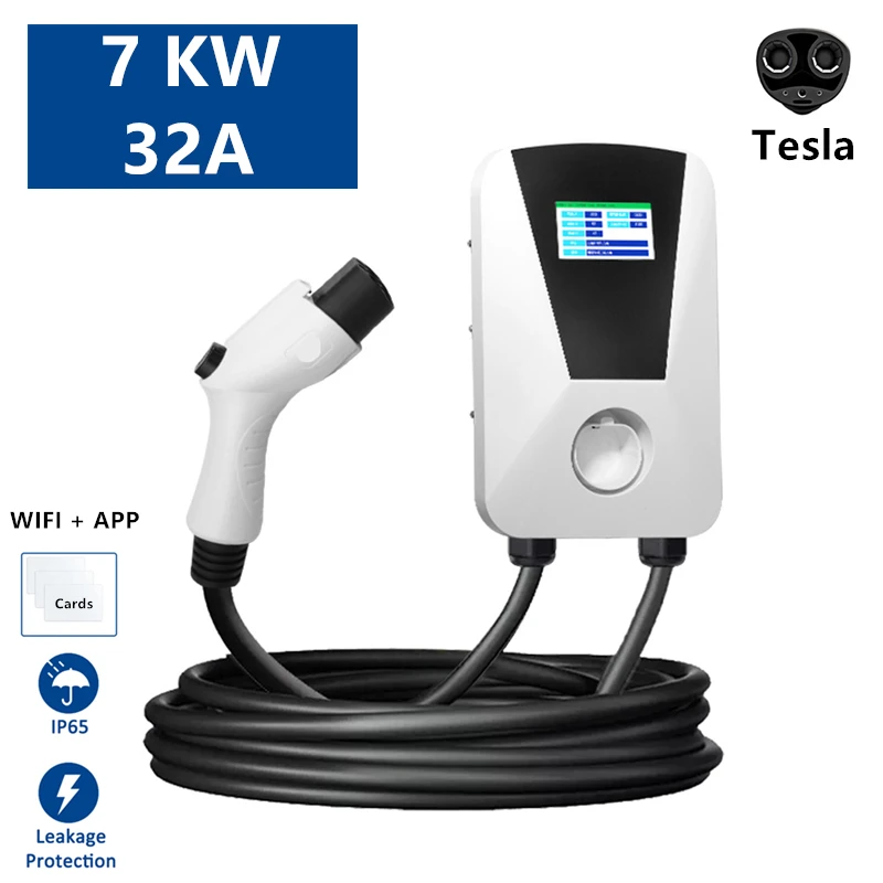 New EV Charging Station 32A Electric Vehicle Charger EVSE Wallbox Wallmount 7KW Tesla Cable NACS APP Control with Cards