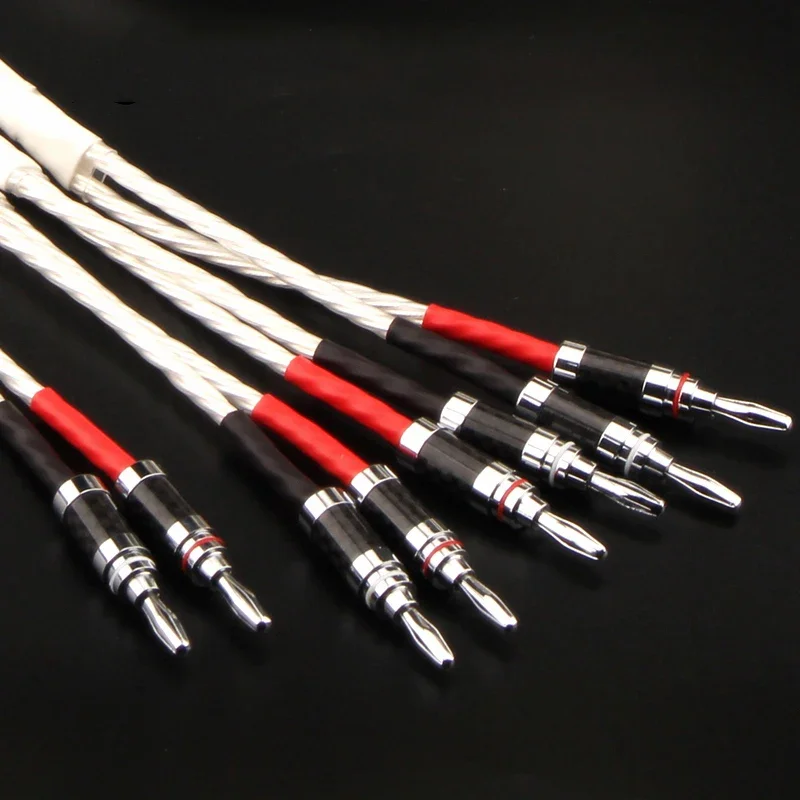 High Quality Silver Plated Speaker Cable Pair 2 to 2 Banana Plug Y Spade Connector HiFi Audio Loudspeaker Wire for Hi-Fi Systems