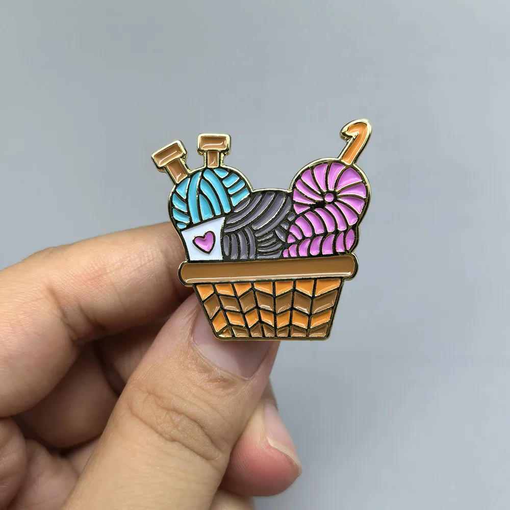 Cute Knitting Yarn Basket Enamel Pin Wool Ball Knitting Needle Lapel Badge Metal Pins Clothing Backpack Jewelry Gift for Knitter