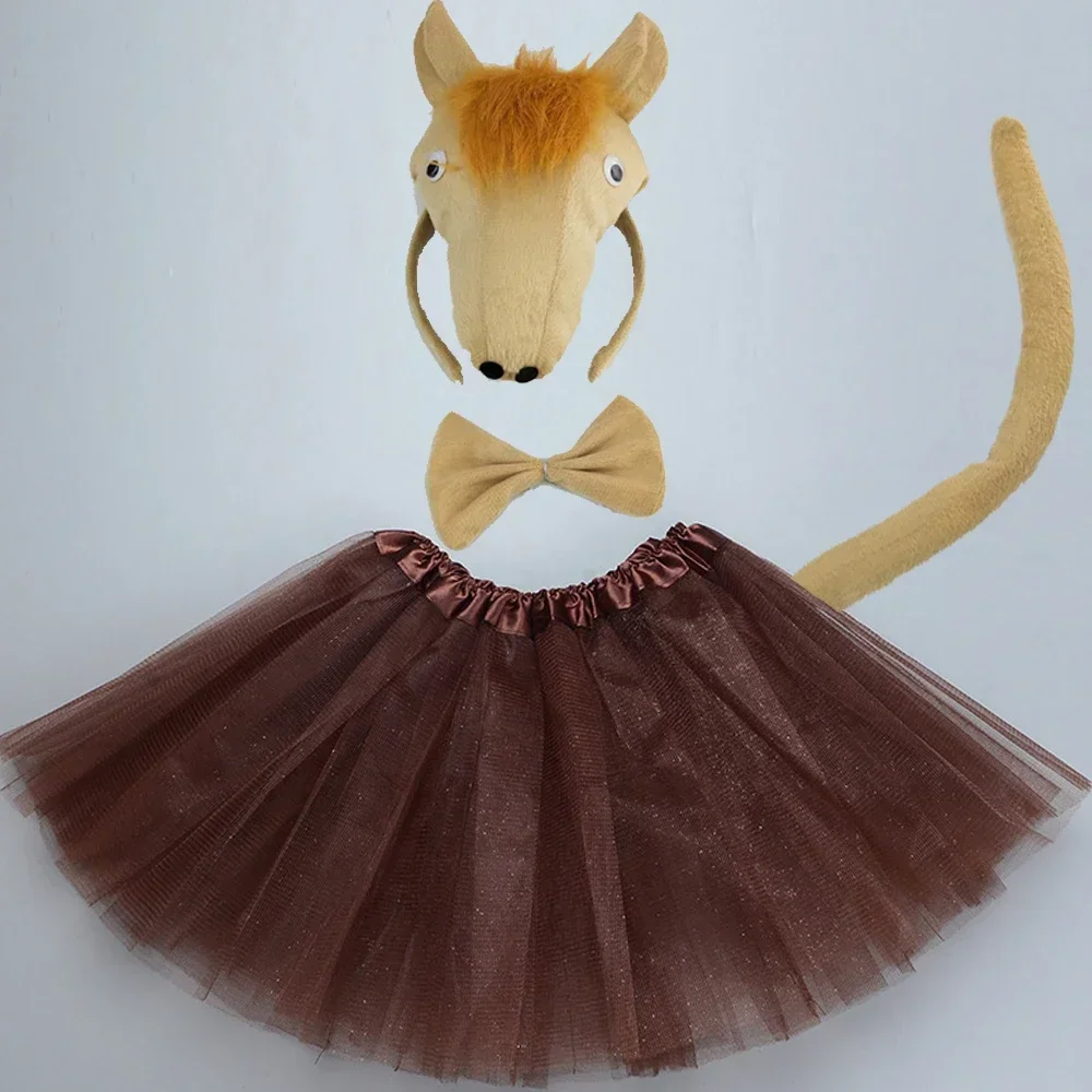 Adult Children Kids Animal 3D Horse Tutu Ear Headband Bowtie Tail 4pcs Set Halloween Costume Cosplay