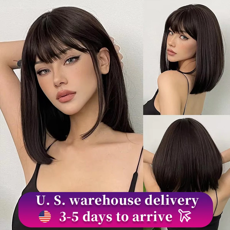 Short Black Brown Synthetic Natural Hair Wigs for Women Bob Straight Wig with Bangs High Temperature Daily Cosplay Party Wigs