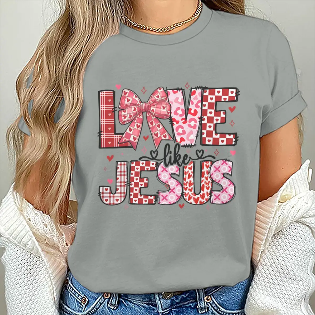 Camiseta de manga corta cristiana de San Valentín, camiseta gráfica Love Like Jesus, regalo cristiano para mujer, Tops informales con lazo coqueta de San Valentín