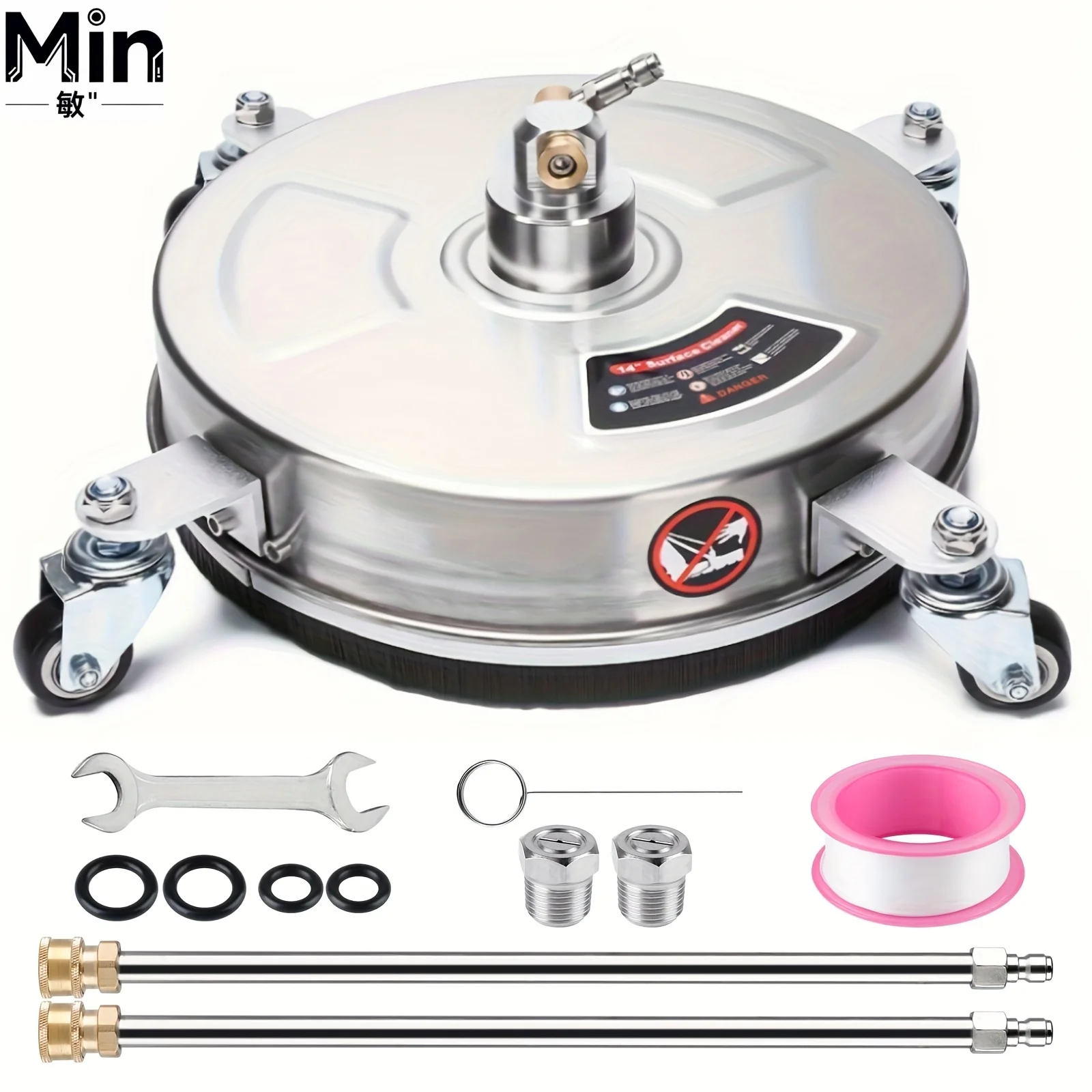 14 Inch 4000PSI Pressure Washer Surface Cleaner with 4 Wheels Extension Wands Stainless Steel Accessory for Driveway Patio Floor