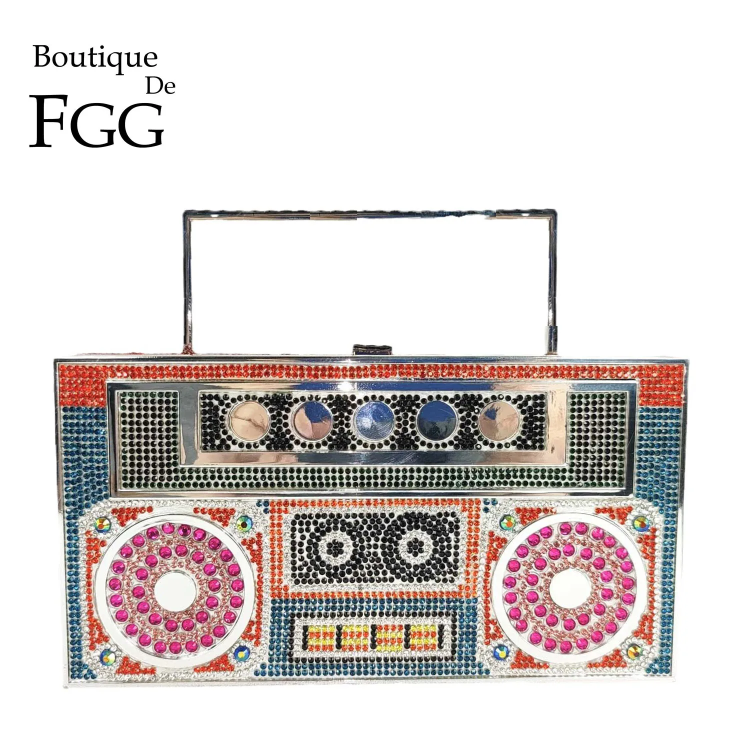 Boutique De FGG Novelty Boombox Radio Shape Women Rhinestone Totes Bags Metal Clutches Chain Shoulder Handbags Crossbody Bag