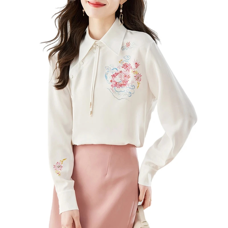 QOERLIN Chinese New Style Printed Floral White Tops Shirts Women Button Up Loose Casual Long Sleeve Blouse Spring Fall 2024 New