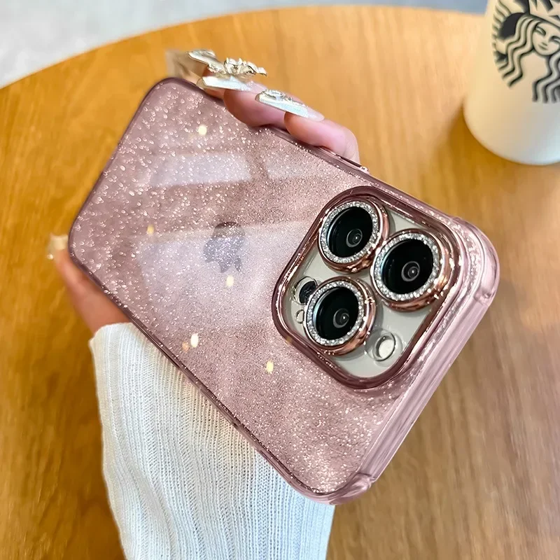 

New Luxury Bling Glitter Transparent Diamond Phone Case for iPhone 14 13 12 13 15 Pro Max Lens Glass Camera Protection TPU Cover