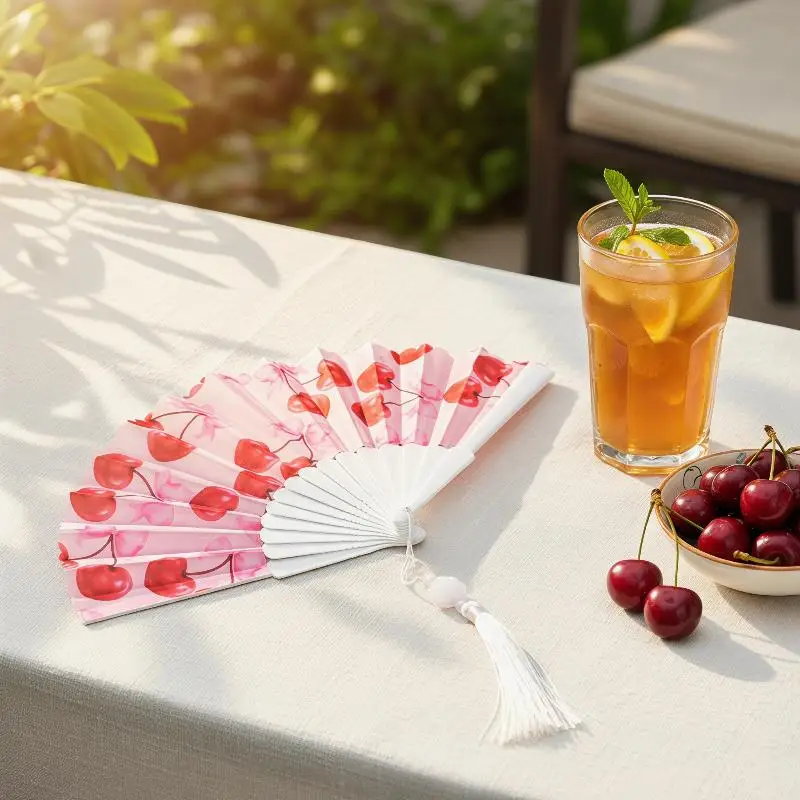 Folding Hand Fan Summer Lightweight Fruit Cherry Lemon Pattern Portable Tassel Fan for Wedding Party Favors