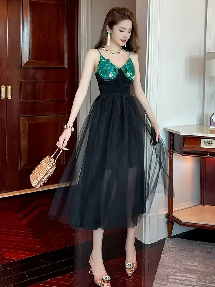 Nuevos Vestidos largos de noche de verano para Mujer, vestido elegante de malla negra transparente con tirantes sexis, vestido de fiesta por debajo de la rodilla ajustado, Vestidos de Fiesta para Mujer