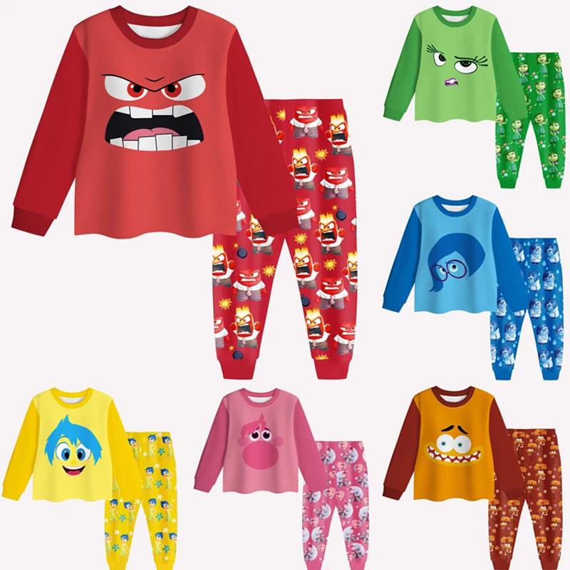 Disney Inside Out2 Anime Figure Joy Anxiety Anger Sad Fear Kawaii Pajamas Kids Long Sleeve Pajamas Set Pieces Sleepwear for Gift