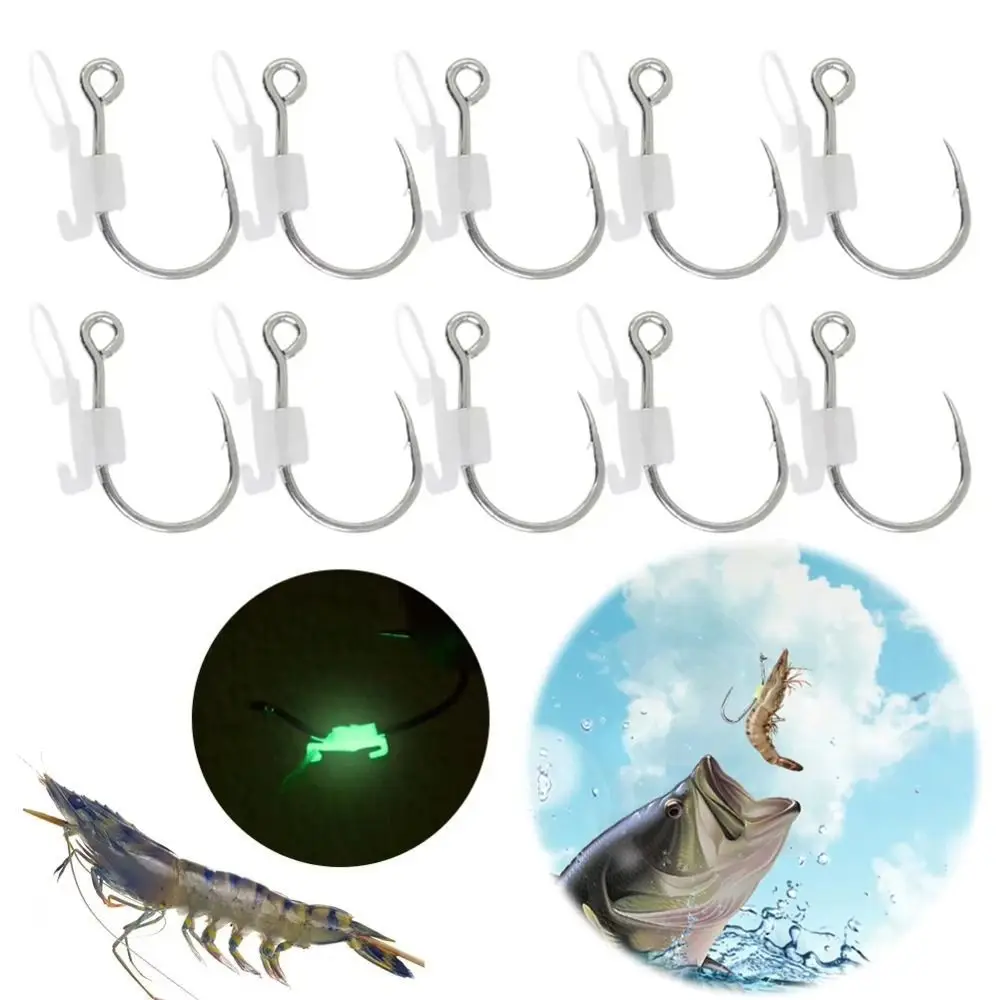 

10Pcs Heavy Duty Luminous Live Shrimp Fishing Hooks Perforated Design with Fixed Rubber Ring Sea Bass Carbon Steel Hook