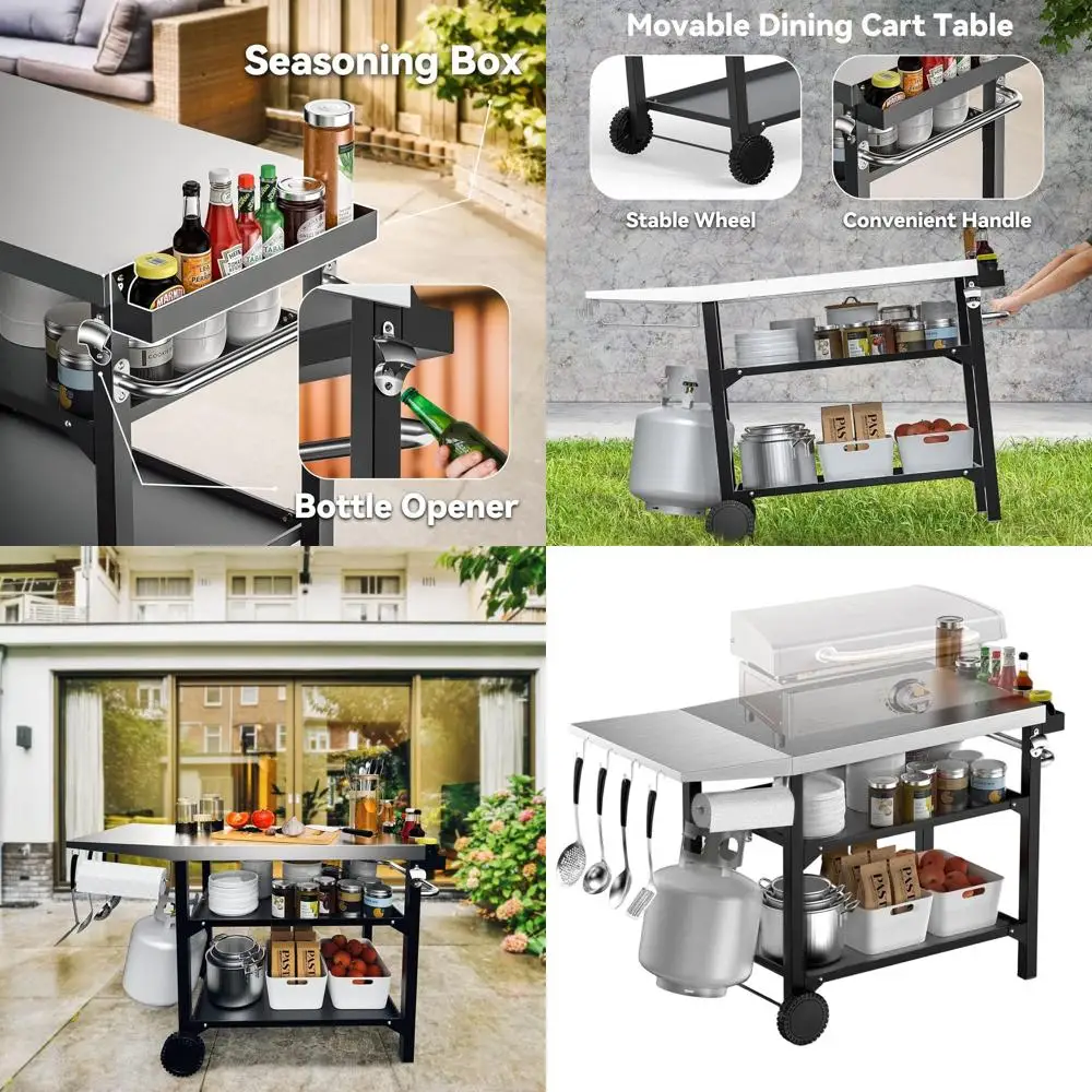 

Portable Outdoor Kitchen Cart with Stainless Steel BBQ Grill, 3-Tier Prep Table, and Pizza Oven for Patio Cooking