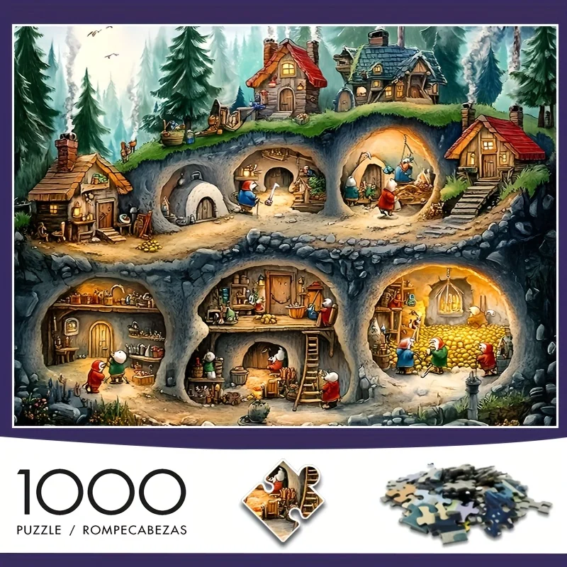 Rompecabezas de escena de pueblo de cuevas de enanos, rompecabezas temático de cuento de hadas para adultos, juego intelectual, rompecabezas decorativo para el hogar y el ocio