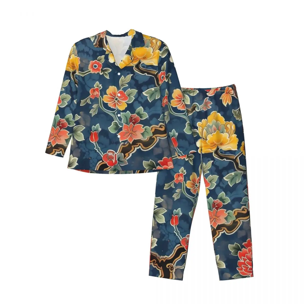 Retro japonês arte pijamas conjunto flores impressão bonito pijamas homem manga longa solto quarto 2 peças pijamas tamanho grande 2xl