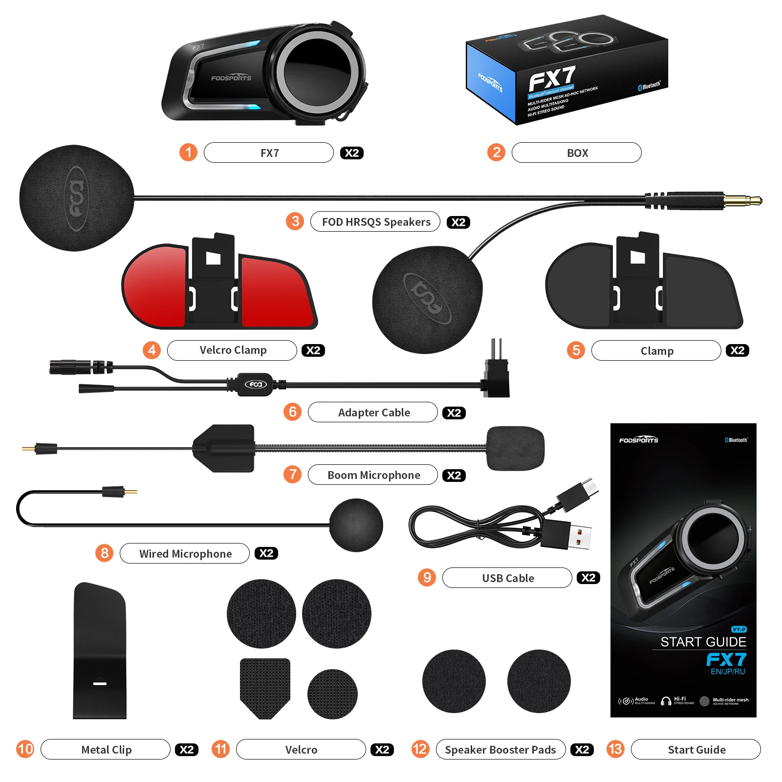 

2 pcs Fodsports FX7 motorcycle helmet bluetooth intercom