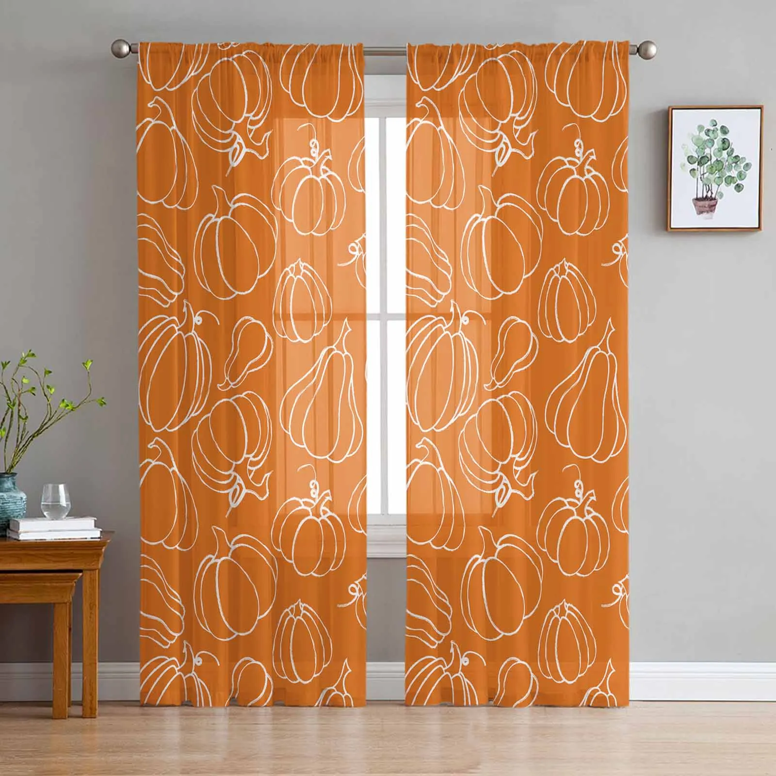 Thanksgiving Autumn Orange Pumpkin Tulle Curtains For Bedroom Home Decor Living Room Kitchen Voile Curtains For Blind