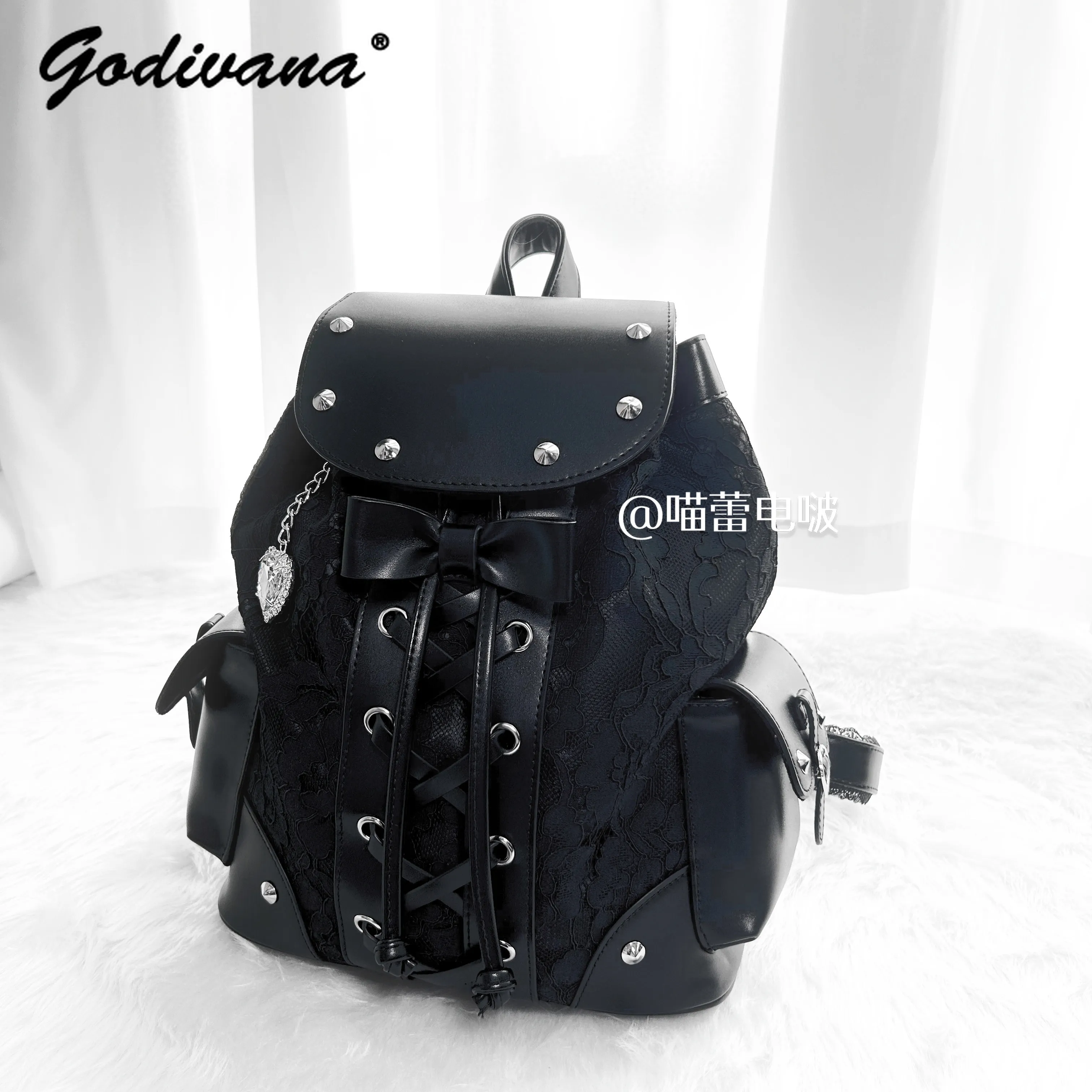 Original Japanese Style Lace Heart Studded Subculture Backpack Student Girls Lolita Black Leather Shoulder Bags