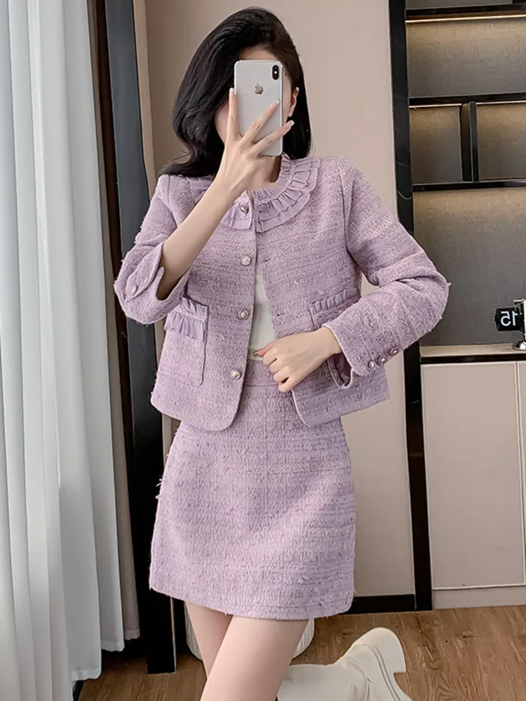 High Quality French Elegant Tweed Two Piece Sets Women Outfits New Fashion Sweet Short Jacket Coat + Mini Skirt 2 Piece Suits