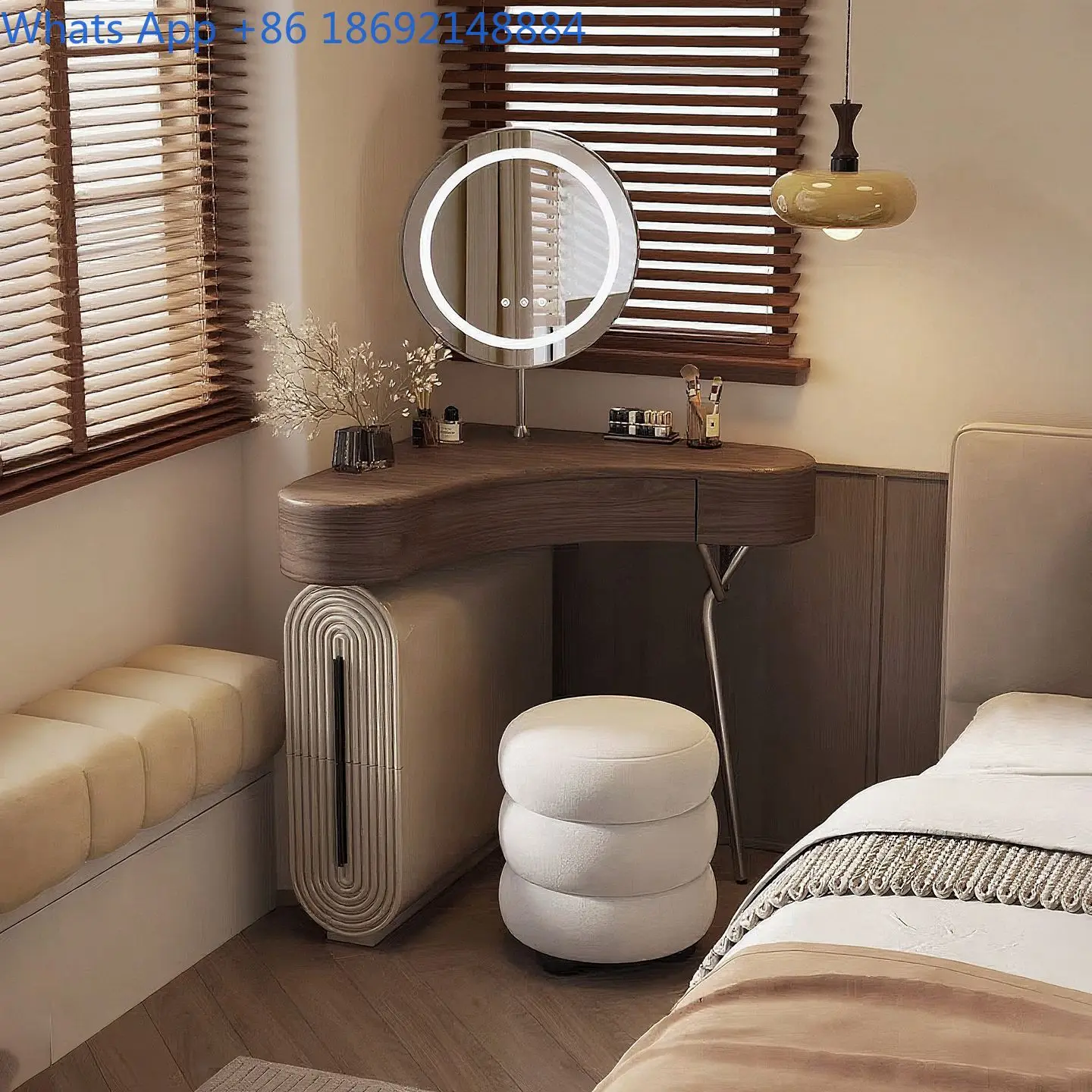 Corner Vanity Desk with Storage Cabinet Solid Wood Makeup Table for Small Bedroom Triangle Design