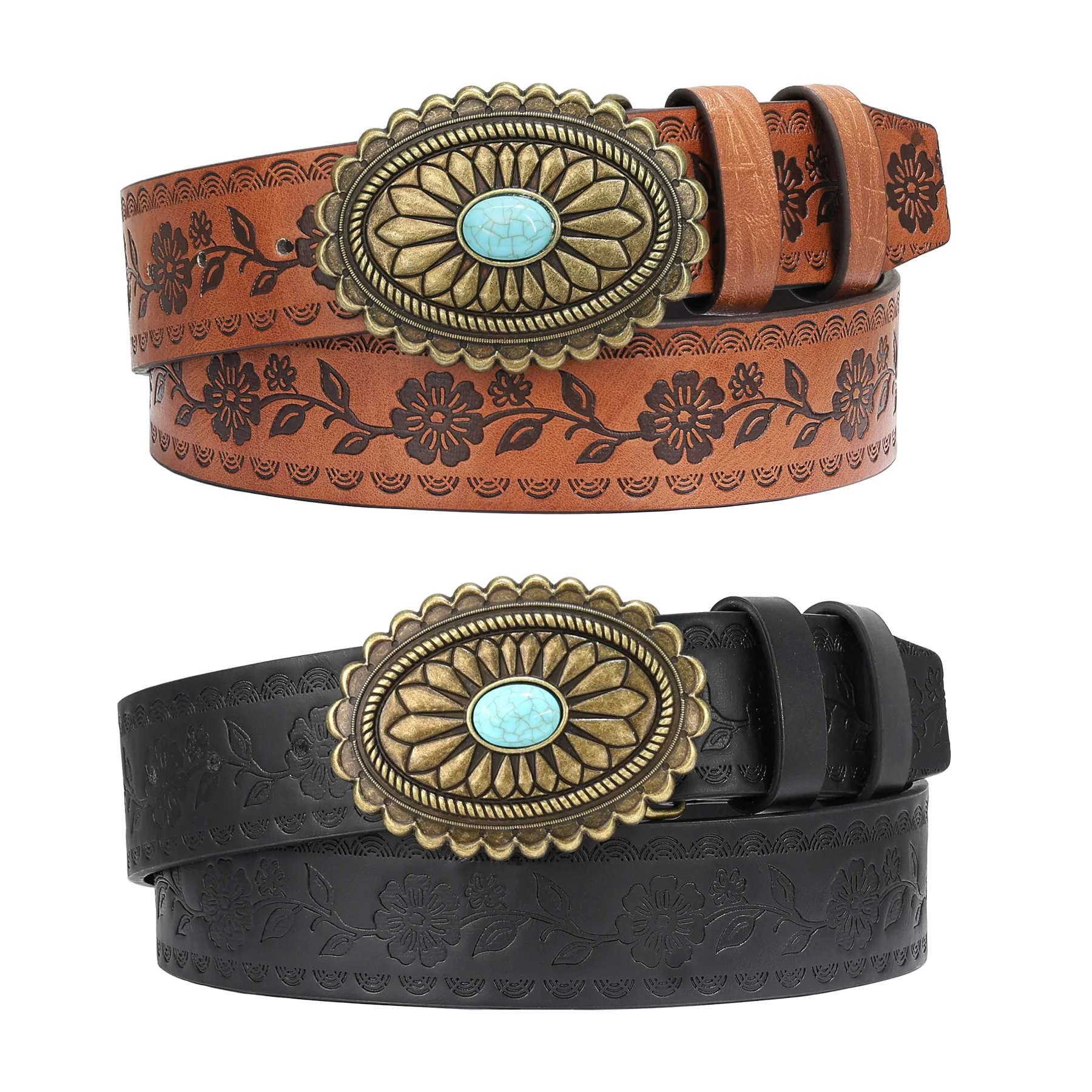 2 Pack Women Vintage Western Belt for Cowgirl Cowboy, Embossed Floral Faux Leather Belt for Jeans Dresses