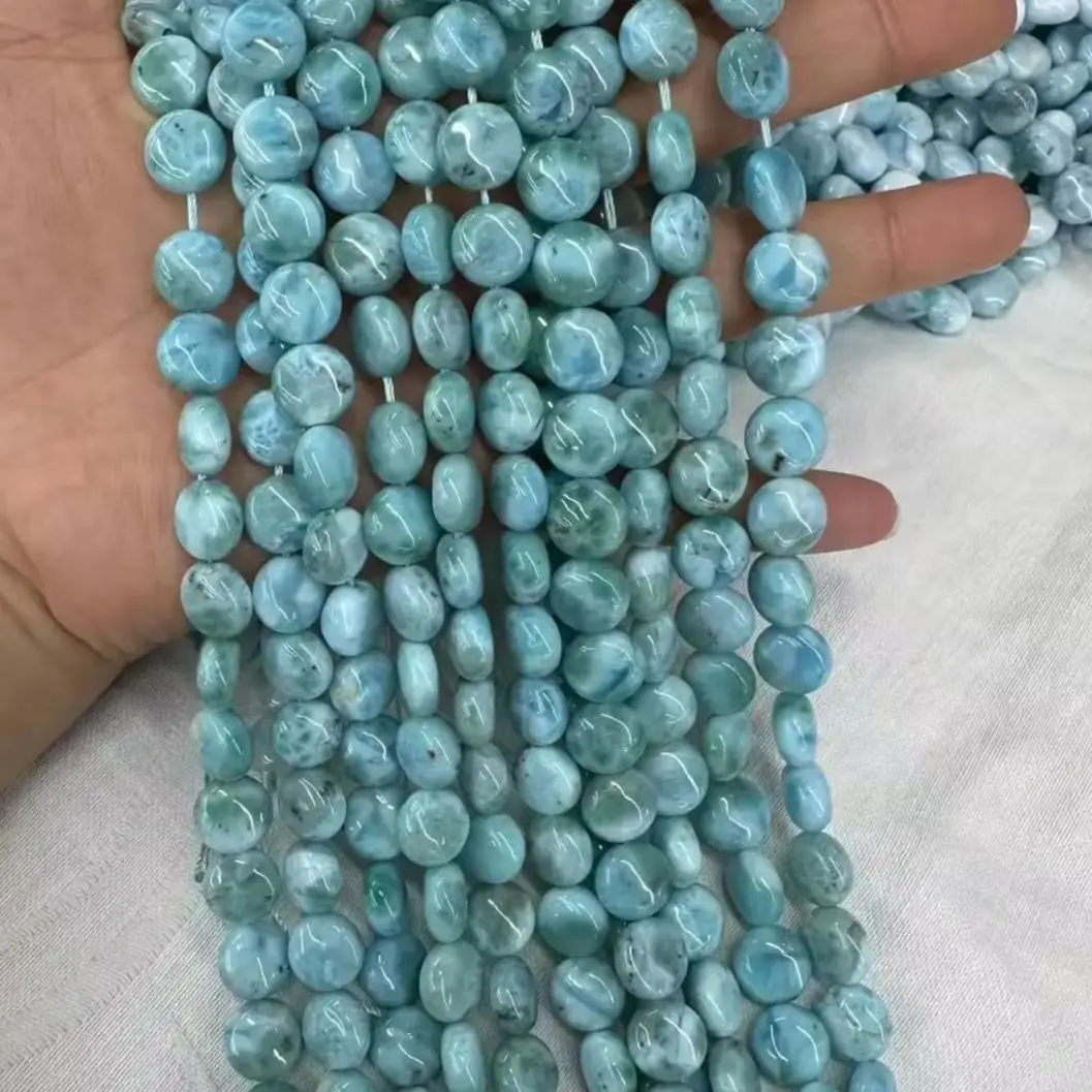 

ХОРОШИЕ натуральные бусины в форме монеты Ларимар, около 10 мм, изготовление браслета «сделай сам», ожерелье для женщин и мужчин, аксессуары для изготовления ювелирных изделий, оптовая продажа