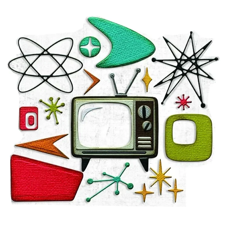 قوالب القطع الذرية الجديدة لعام 2025 بتصميم عتيق لدوامات التلفزيون النجمي العتيق لبطاقات المعايدة ومجلات القصاصات والحرف الورقية