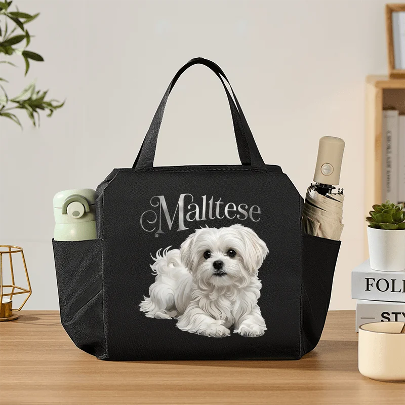 Customized Name Women's Handbag with Side Pocket, Maltese Dog-themed Gift. Featuring an Adorable Maltese Dog Travel Tote Bag