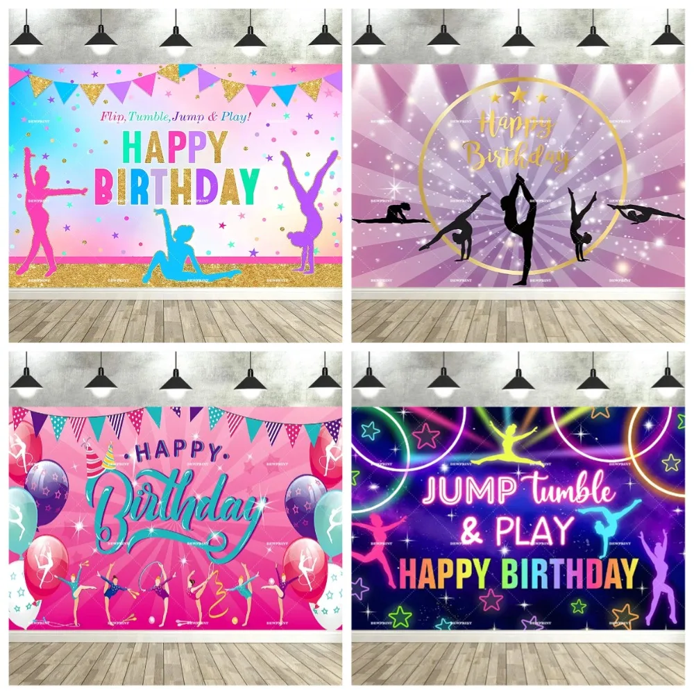 

Girl Gymnastics Theme Birthday Party Banner Background, Gymnastics Sports, Family Party Decoration Banner Photography Backdrop