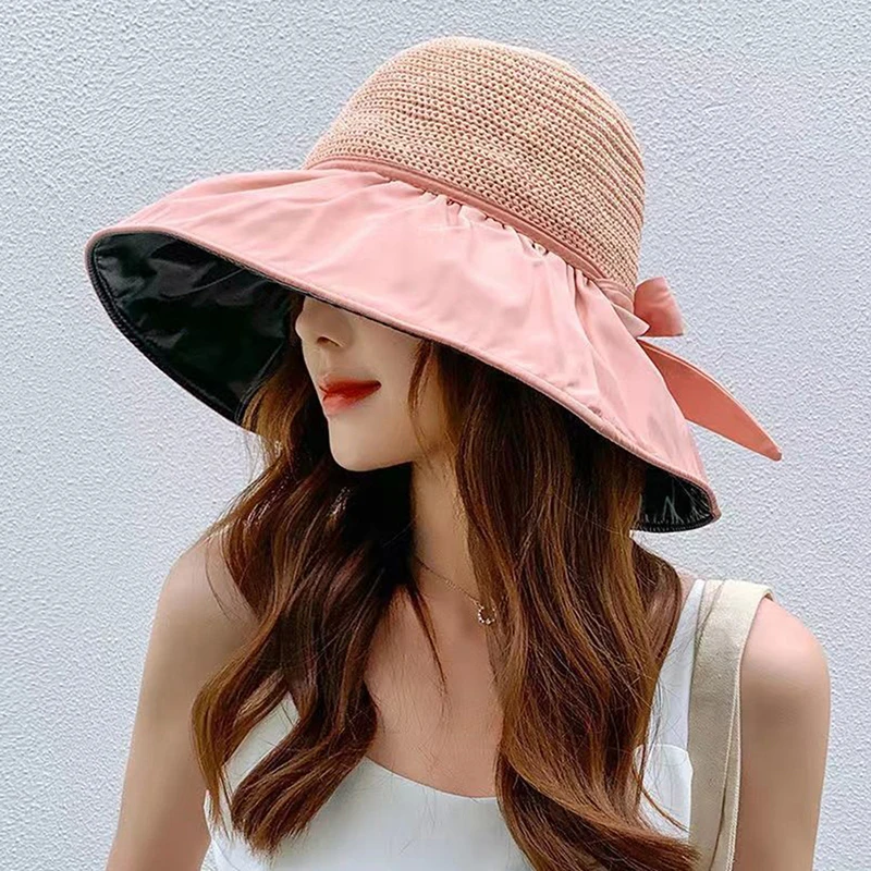 Summer New Women Bucket Hat UV Protection Sun Hats Solid Color Soft Foldable Wide Brim Outdoor Beach Panama Cap Ponytail Caps