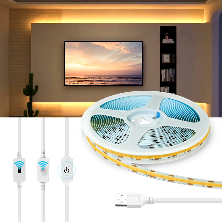 

USB COB LED Strip Light 5V 300LEDs/m Flexible Tape Hand Sweep Dimmable Adhesive Ribbon 1m 2m 3m 4m 5m Motion Sensor Led Strips