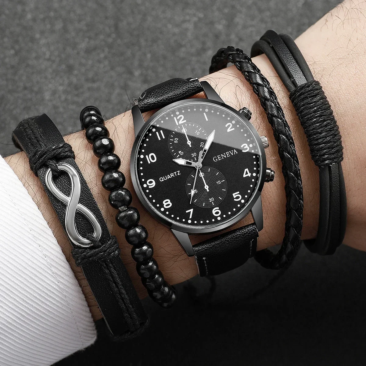 Fashion Men 4‑in‑1 Jewelry Watch Set Black PU Leather Quartz Wristwatch Multi‑style Bracelets Male Daily Gift