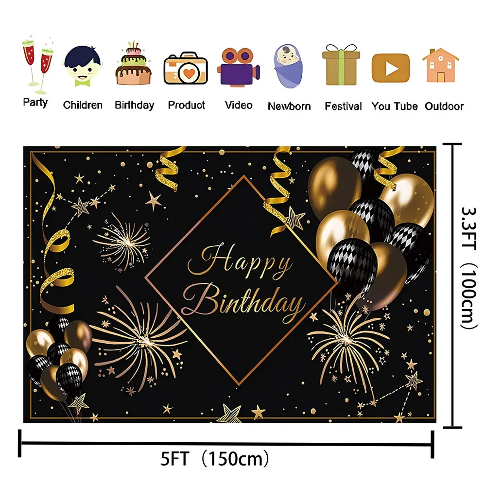 Toile de fond de fête joyeux anniversaire à paillettes dorées, noir, fournitures de décoration de fête à thème adulte, accessoires de photographie bricolage