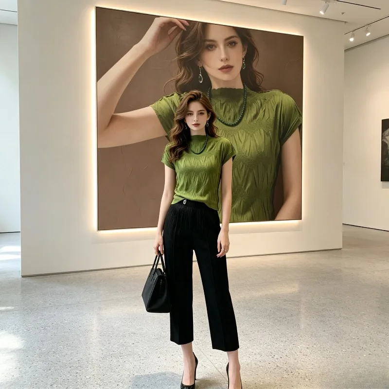 Miyake Pleated 2026 Original Summer New Pleated French Style Top Heavy Craft Versatile Fashion Embroidered Craft Top for Women
