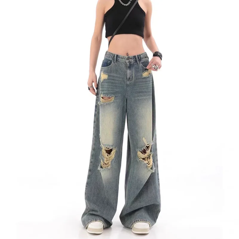 

Blue Hole Jeans Women High Waist Fashion American Hollow Out Y2K Worn-out Chic Wide Leg Jean Female Trouser Baggy Denim Pants