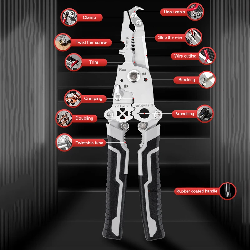 Foldable Wire Stripper Electricians Maintenance Anti-Slip Stripper Cable Multitool Wire Stripper Piler Wire Cutter Crimping Tool
