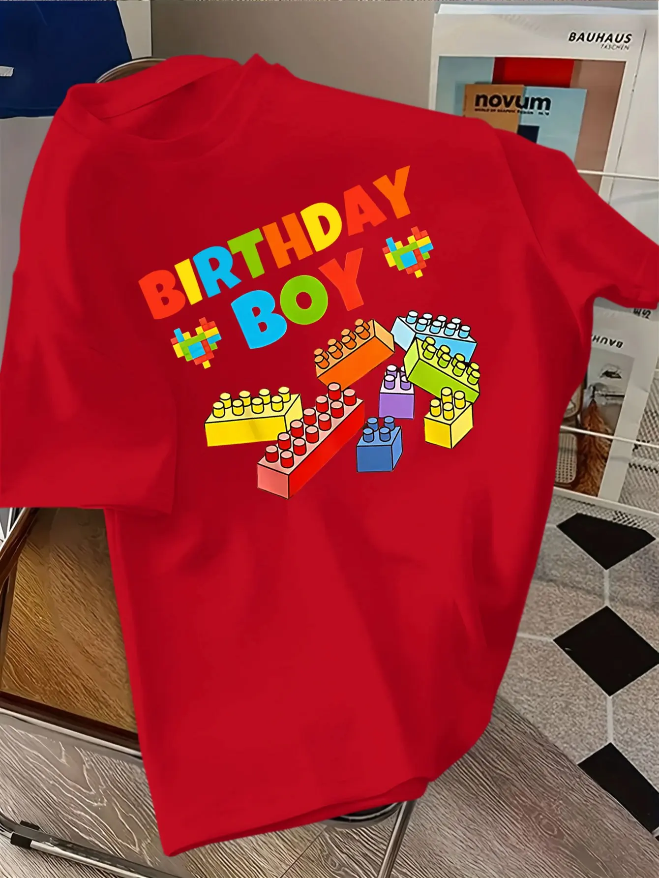 Kids Cotton Tee Birthday Boy Colorful Building Blocks Cartoon Print Crew Neck Short Sleeve Boy Birthday Party Casual Tops