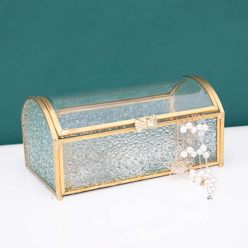 Treasure Chest Box Glass Jewelry Box Jewelry Organizer Gold Glass Box Keepsake Box for Storage Ring Earring Small Trinket Decora