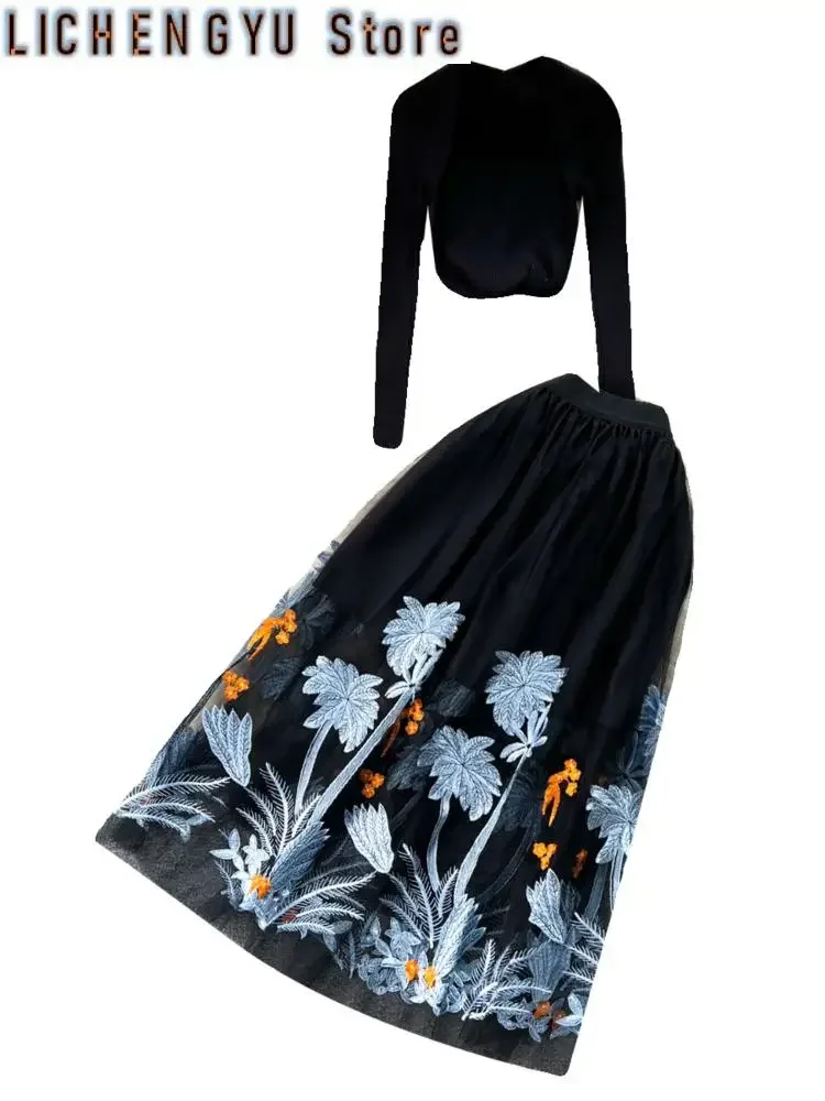 Casual Two Piece Set For Women Long-sleeve Knitted Sweater High Waist Embroidery Mesh Skirt Suit Winter Spring