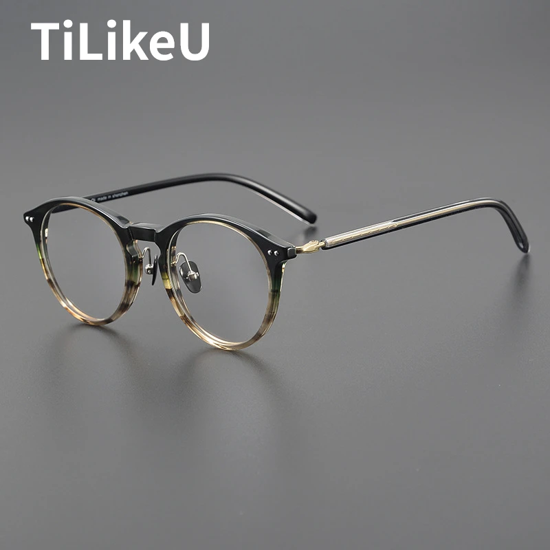 Japanese Optical Acetate Glasses Frame Men Hand Made High Quality Board Round Frame Pure Titanium Retro Myopia Eye Glasses Women