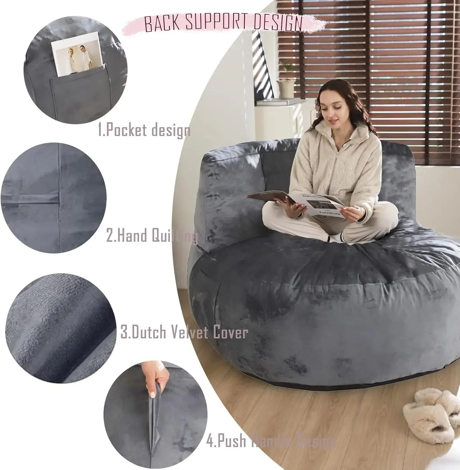 WhatsBedding Back Support Bean Bag Chair for Adults,Kids & Teenagers Bean Bags with Memory Foam Filled,5FT Beanbag Chairs Lar